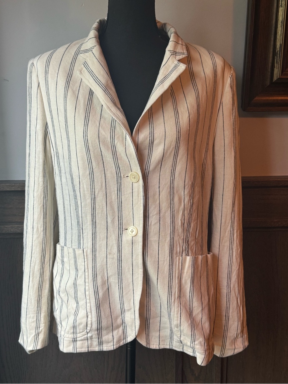 Chaps Linen Cream Blazer with Blue Pinstripes 14 - Picture 2 of 7